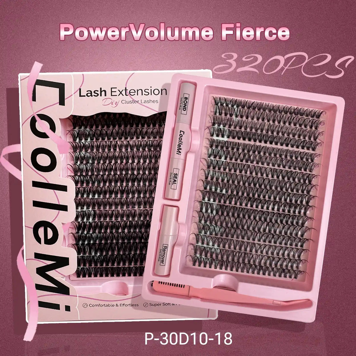 CoolleMi Fierce 256-320PCS DIY Lash Clusters Kit | Dramatic Volume Eyelashes Extensions | Makeup Eyelash Extension | Waterproof Bond & Seal with Remover Tweezers Brush Cosmetic